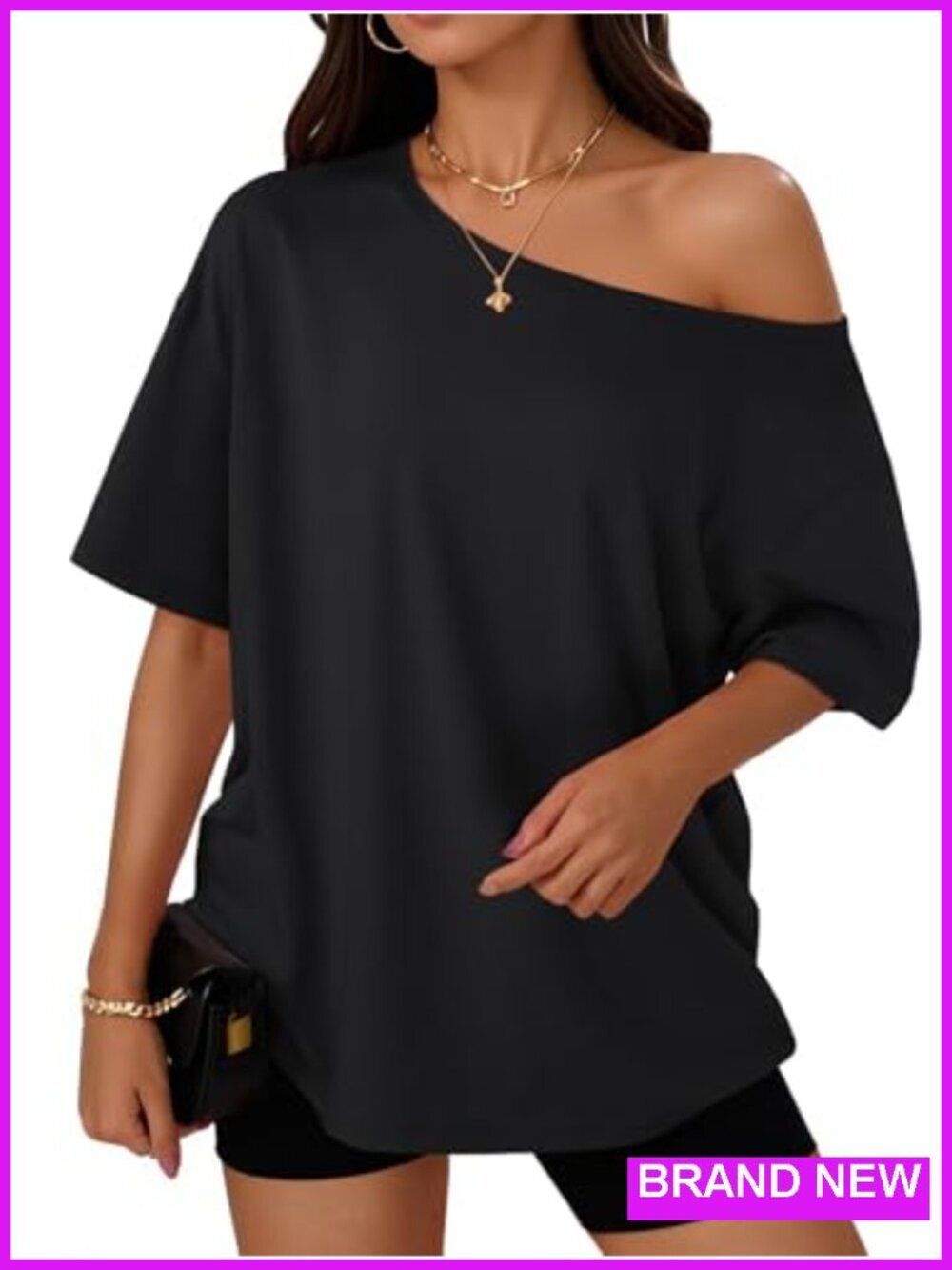 Off Shoulder Oversized Tee Breathable Stretchy Short Sleeve Summer Tops